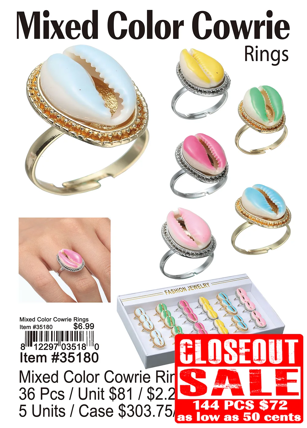 Mixed Color Cowrie Rings Closeout